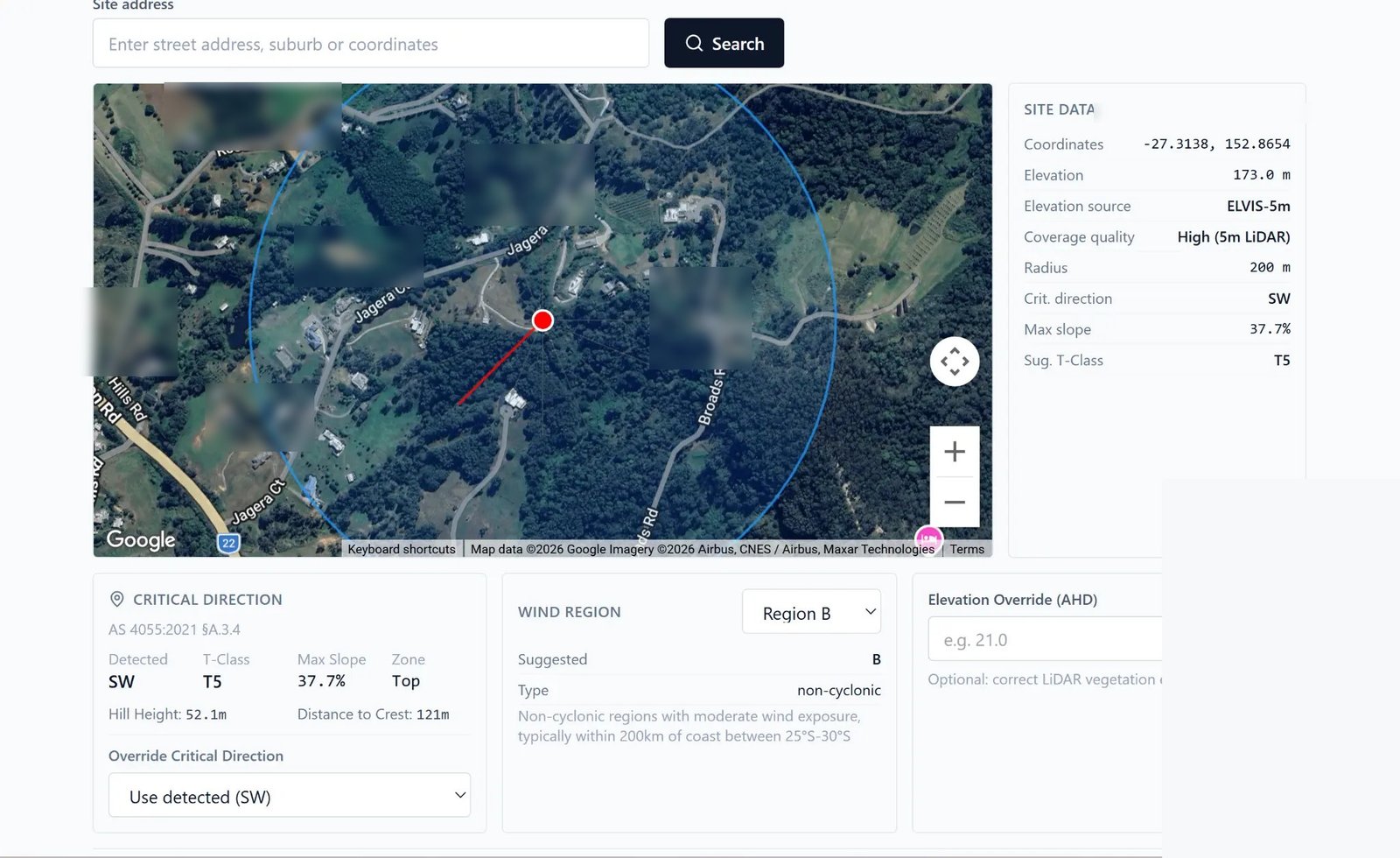 Illustrative Wind Calculator interface showing aerial site view, mapping radius, elevation data and suggested parameters